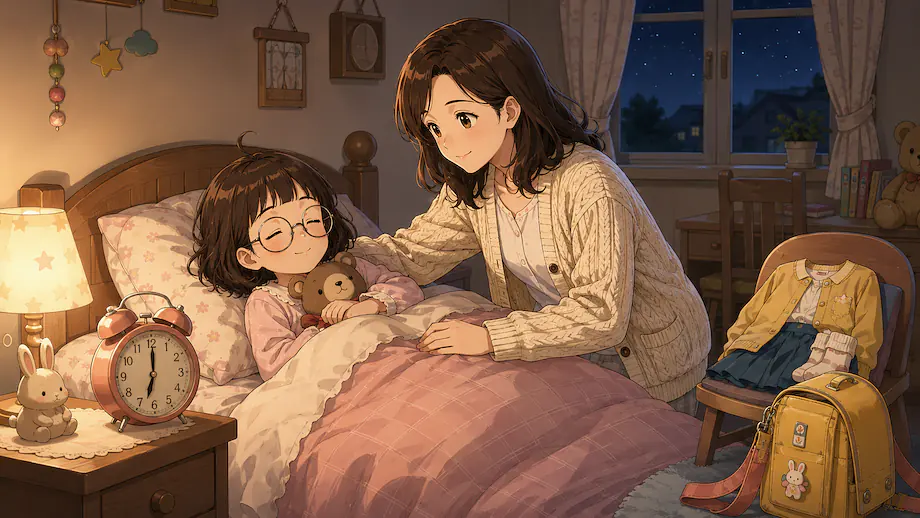 Illustration of the scene described by Because I’m getting up early tomorrow, I’ll go to bed early today.