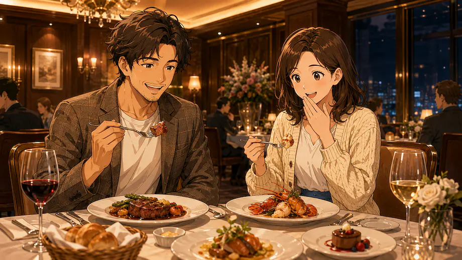 Illustration of the scene described by This restaurant is expensive, but it’s delicious.