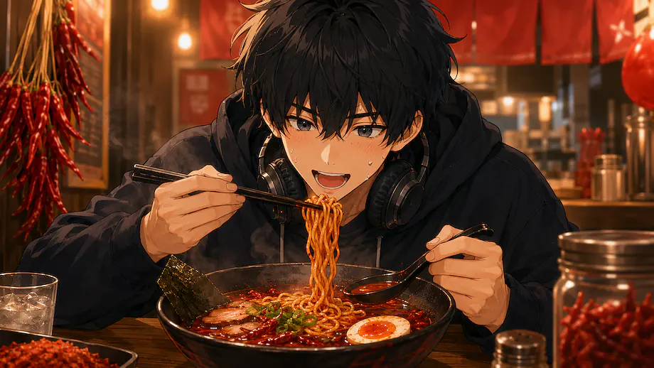 Illustration of the scene described by This ramen is spicy, but delicious.