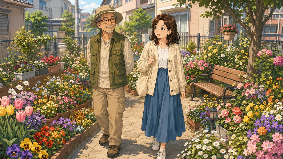 Illustration of the scene described by This park is small, but it has many flowers.