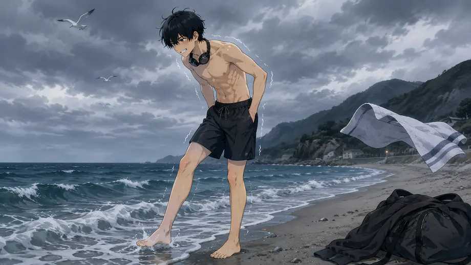 Illustration of the scene described by The seawater is cold. But I’m going swimming.