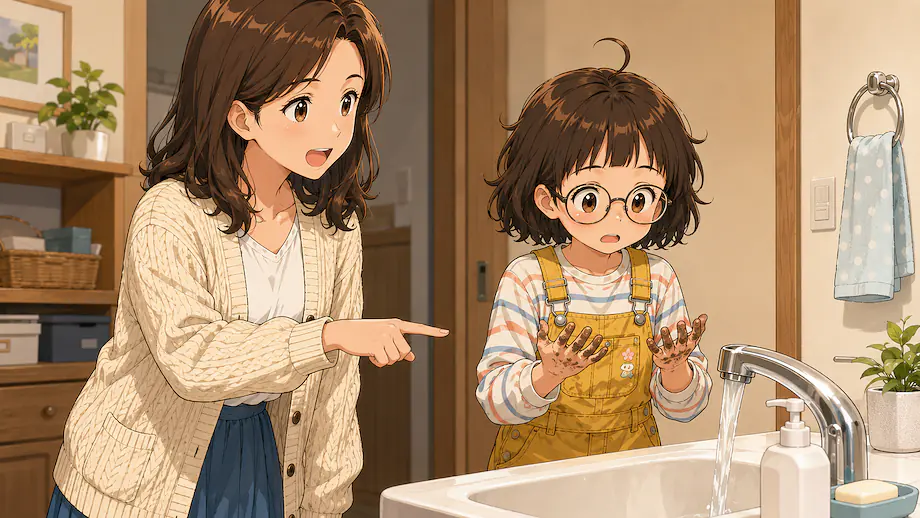 Illustration of the scene described by Misaki said, "Wash your hands."