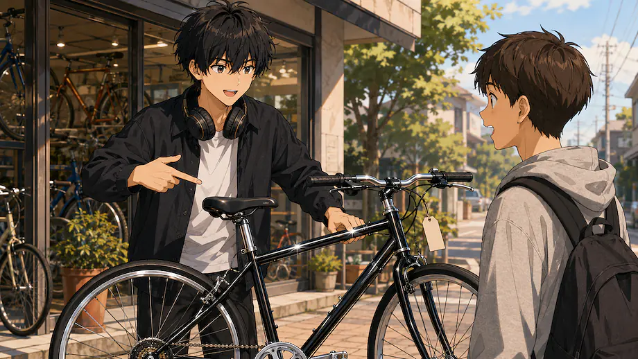 Illustration of the scene described by Ren said, "I bought a new bicycle."