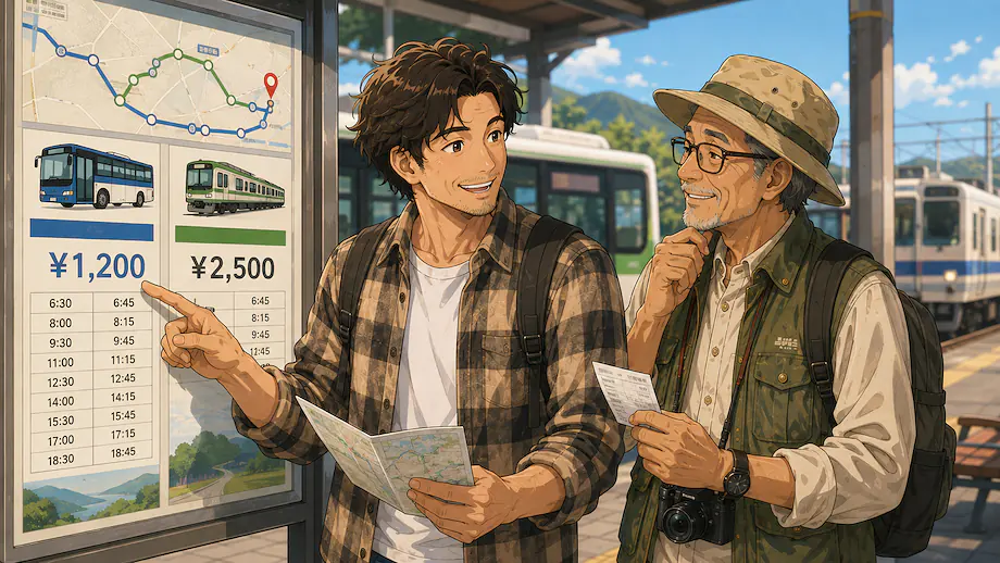 Illustration of the scene described by The bus is cheaper than the train.