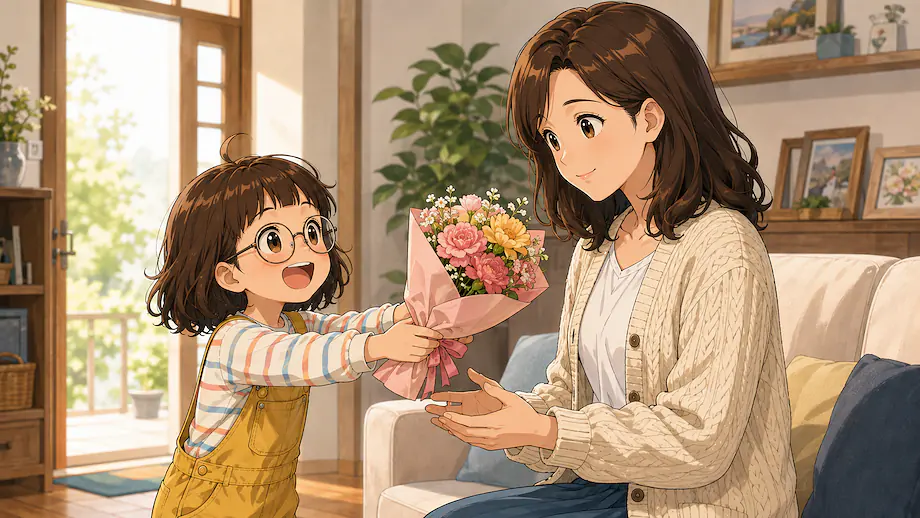Illustration of the scene described by I gave flowers to my mother.