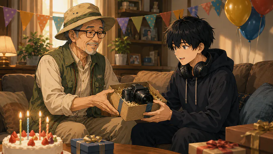 Illustration of the scene described by I got a camera from my grandfather for my birthday.