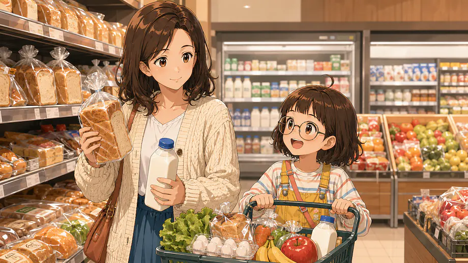Illustration of the scene described by I buy things like bread and milk at the supermarket.