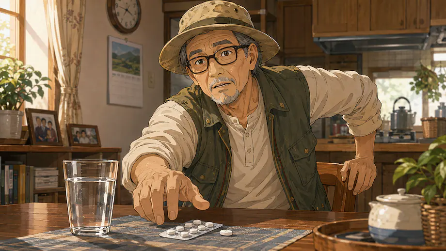 Illustration of the scene described by I have to take my medicine.