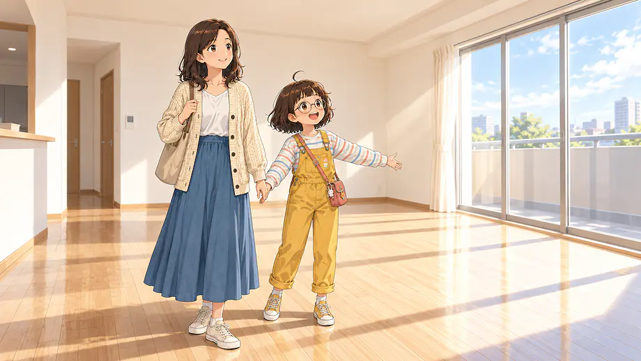 Illustration of the scene described by This room is spacious. And it is bright.