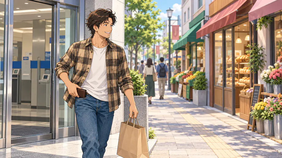 Illustration of the scene described by I went to the bank. After that, I did some shopping.